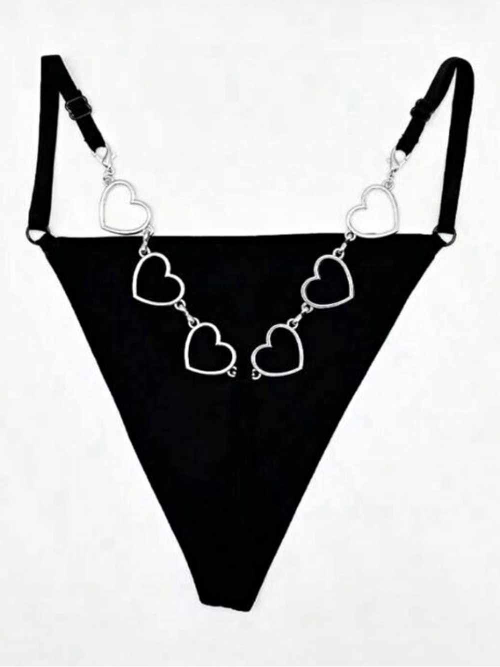 NWT Black with Silver Heart Chain Accent Thong/String Panties Size L